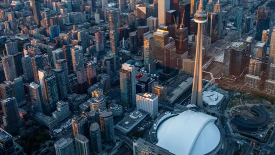 Aerial view of the CN Town and Scotiabank Centre in downtown Toronto.